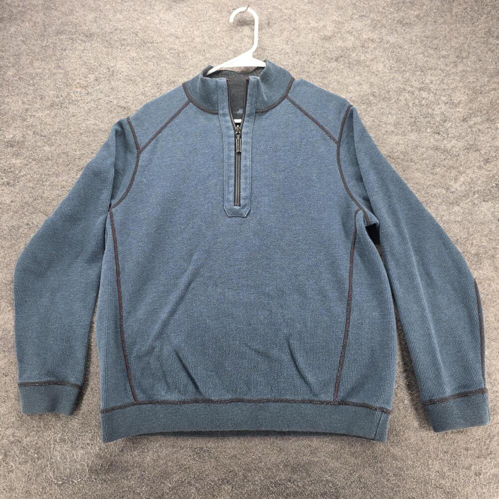 Tommy Bahama Sweater Mens XL Blue Mock Neck 1/4 Zip Pullover Cotton Waffle-Knit